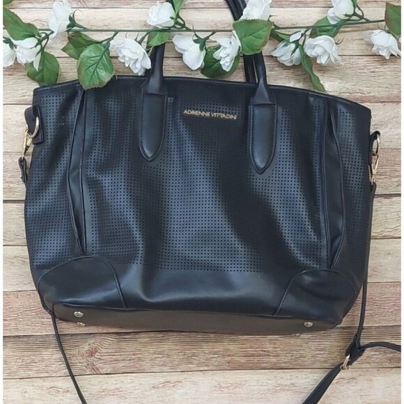 Adrienne Vittadini Black Weekender Tote Bag Double Handle Vegan Leather Zip Top - Picture 7 of 12